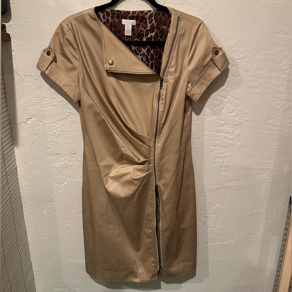 Chico's Picture Perfect Azalea Tan Full Zip Dress with Rouche Details